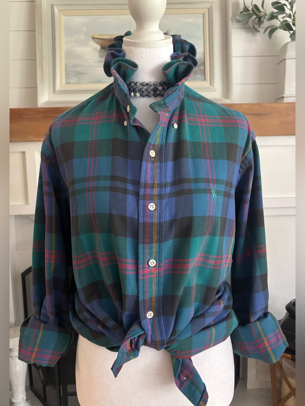 Polo Ralph Lauren Flannel Ruffle Collar blue & green lightweight flannel check